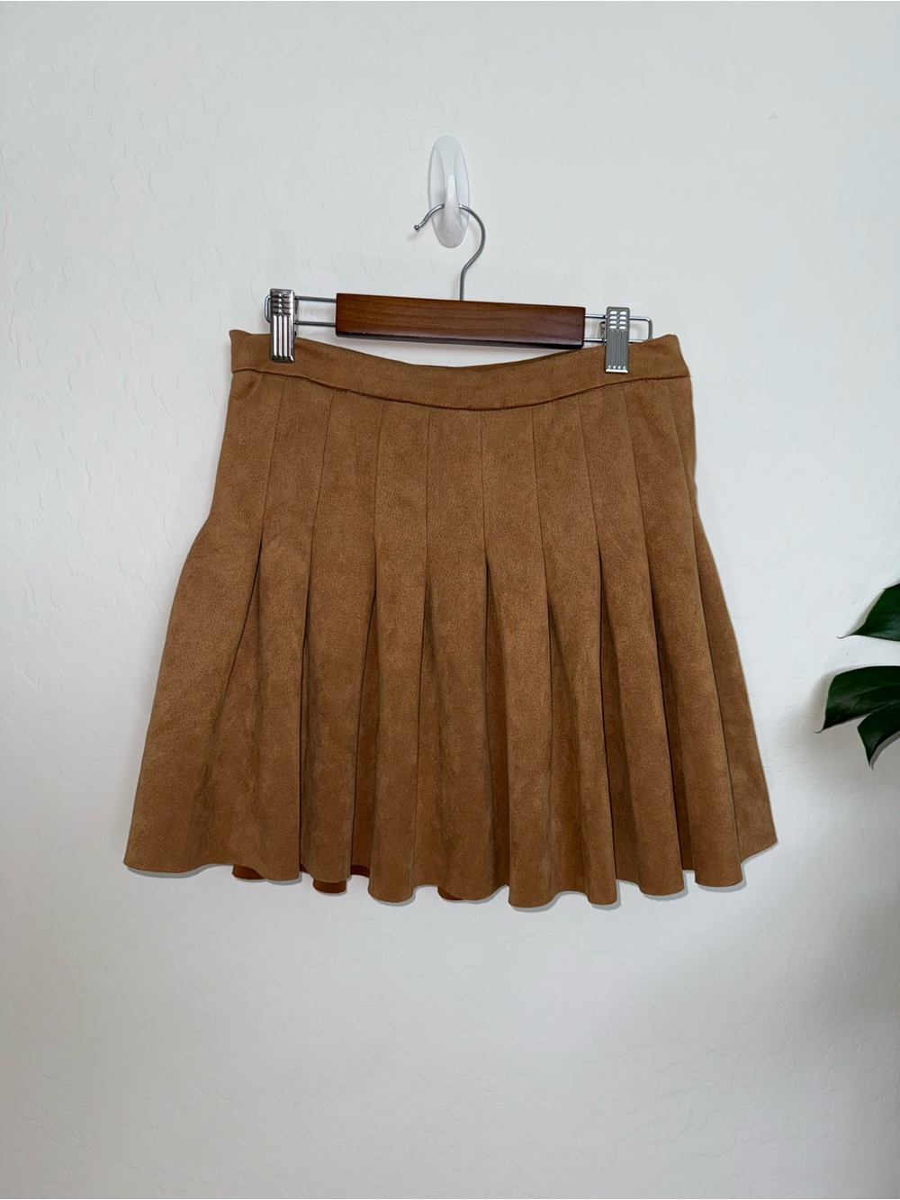 Faux Suede Pleated Skater Skirt SIZE S- Camel Brown